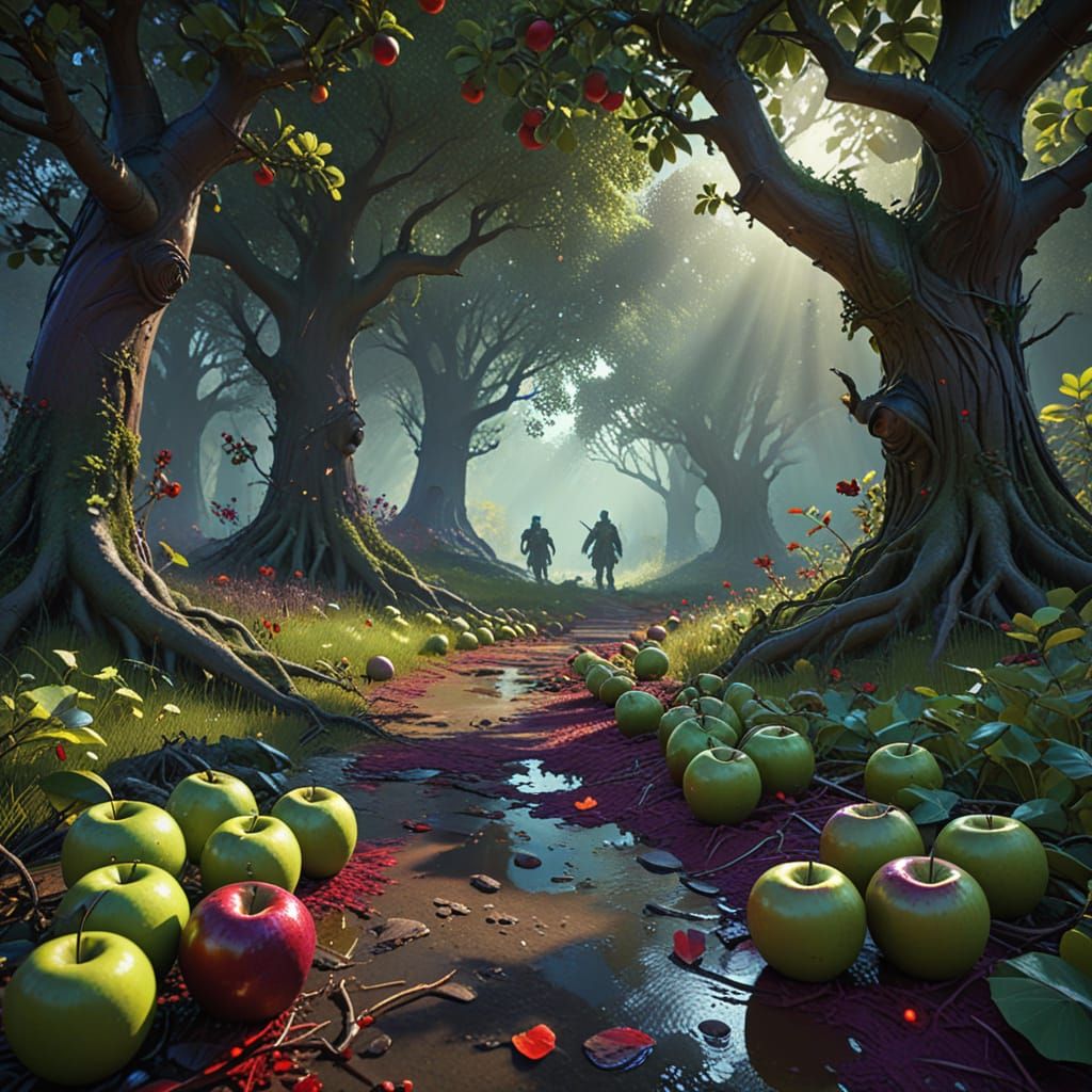 Angry Green Apples vs Happy Red Apples in Dark Fantasy Grove