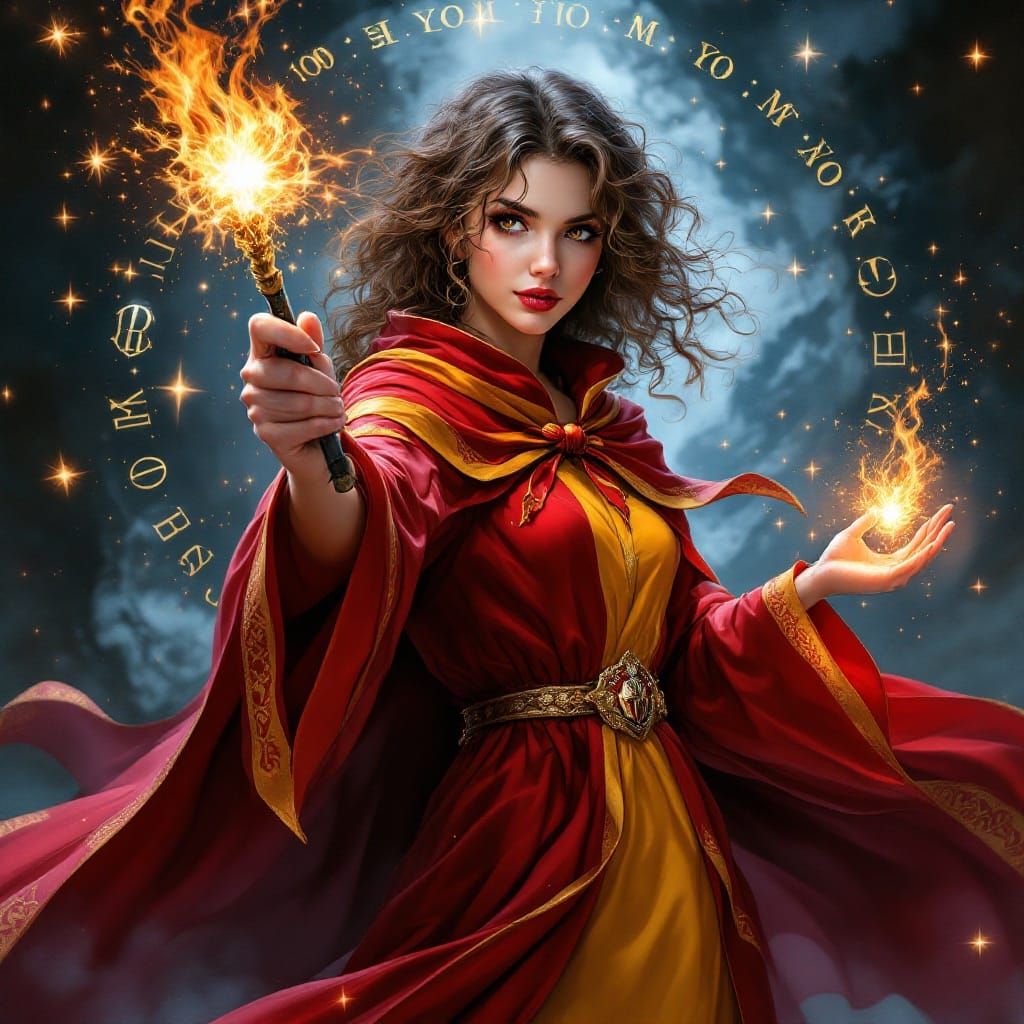 Young Witch Casting Spell with Magic Runes