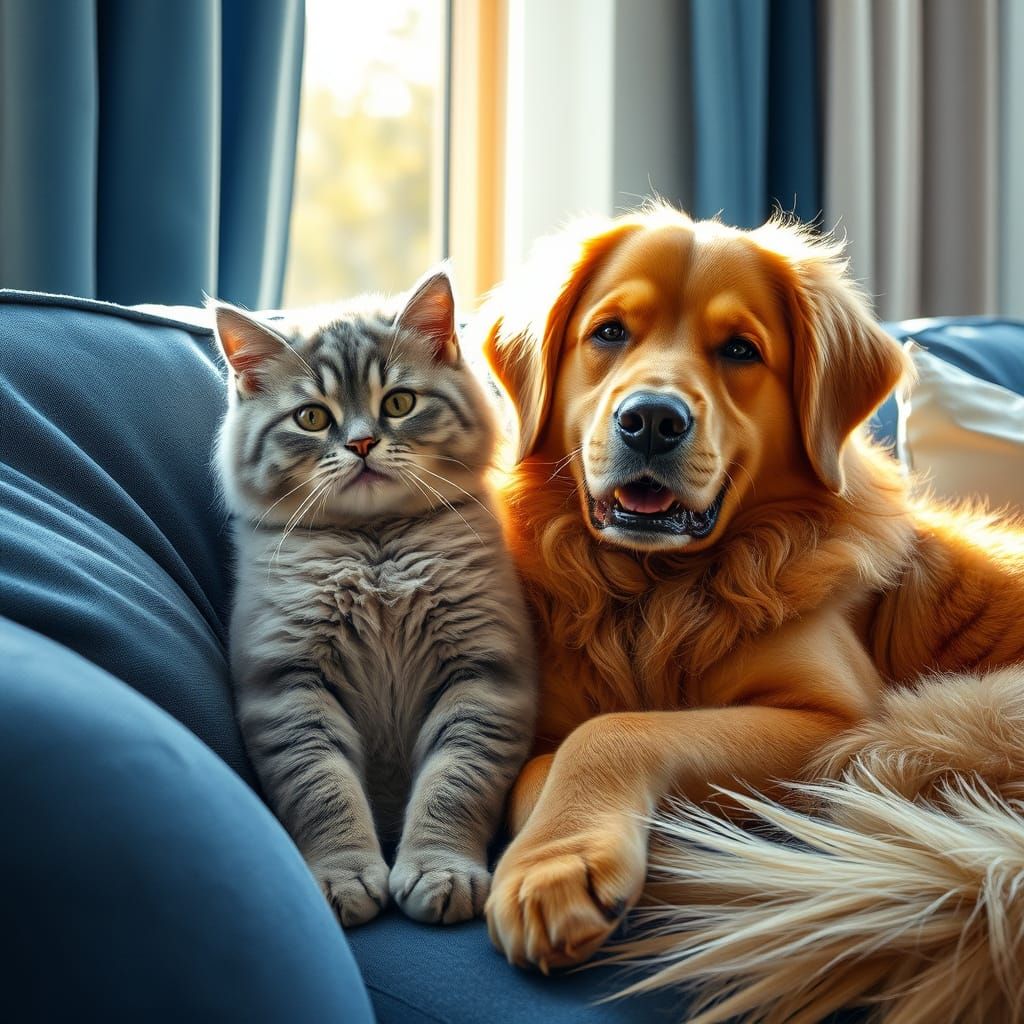 Cat and Dog Cuddling as Art Nouveau Painting