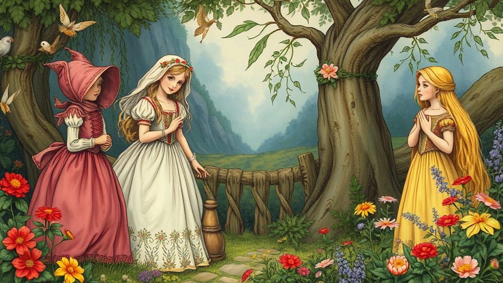 Fairy Tale Characters in Enchanted Forest Illustration