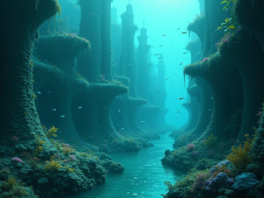 Enchanted Underwater City Radiates Soft Blue-Green Biolumine...