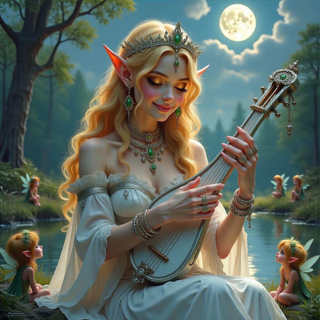 Elf Musician Playing Lyre in Moonlit Forest