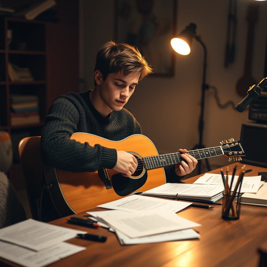 Singer Composes Song in Cozy Study