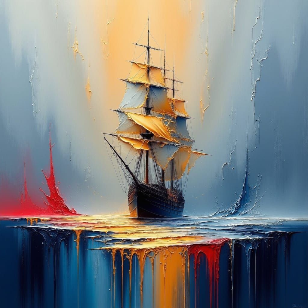 Majestic Sailing Ship Emerges from Mist in Impasto Painting