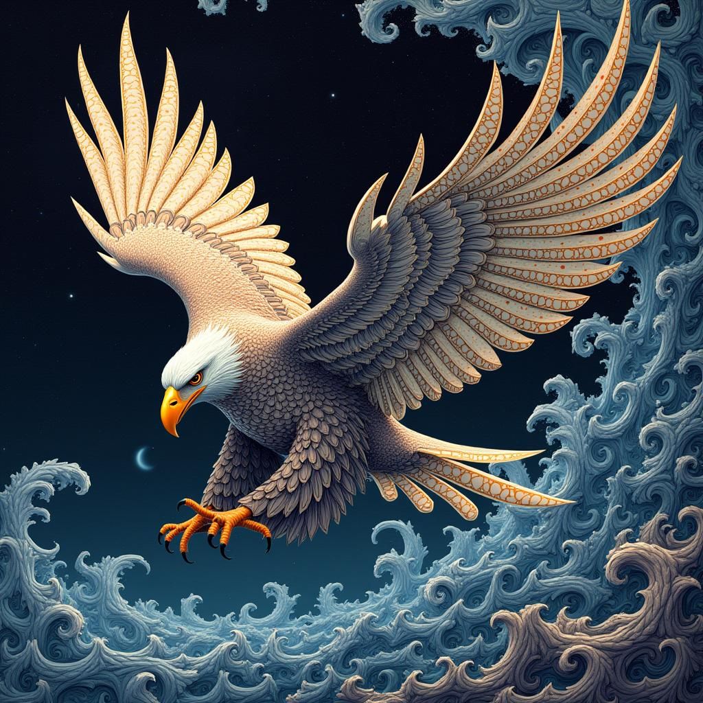 Eagle Soaring Through Abstract Fractal Landscape