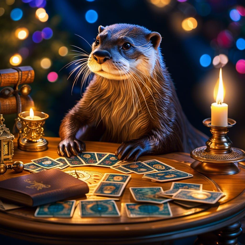 Enchanted Otter Playing Solitaire by Fairy Lights
