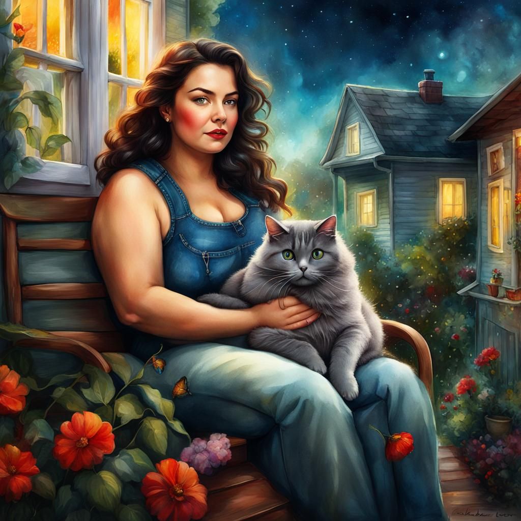 Woman and Cat on Back Porch, Watercolor Art