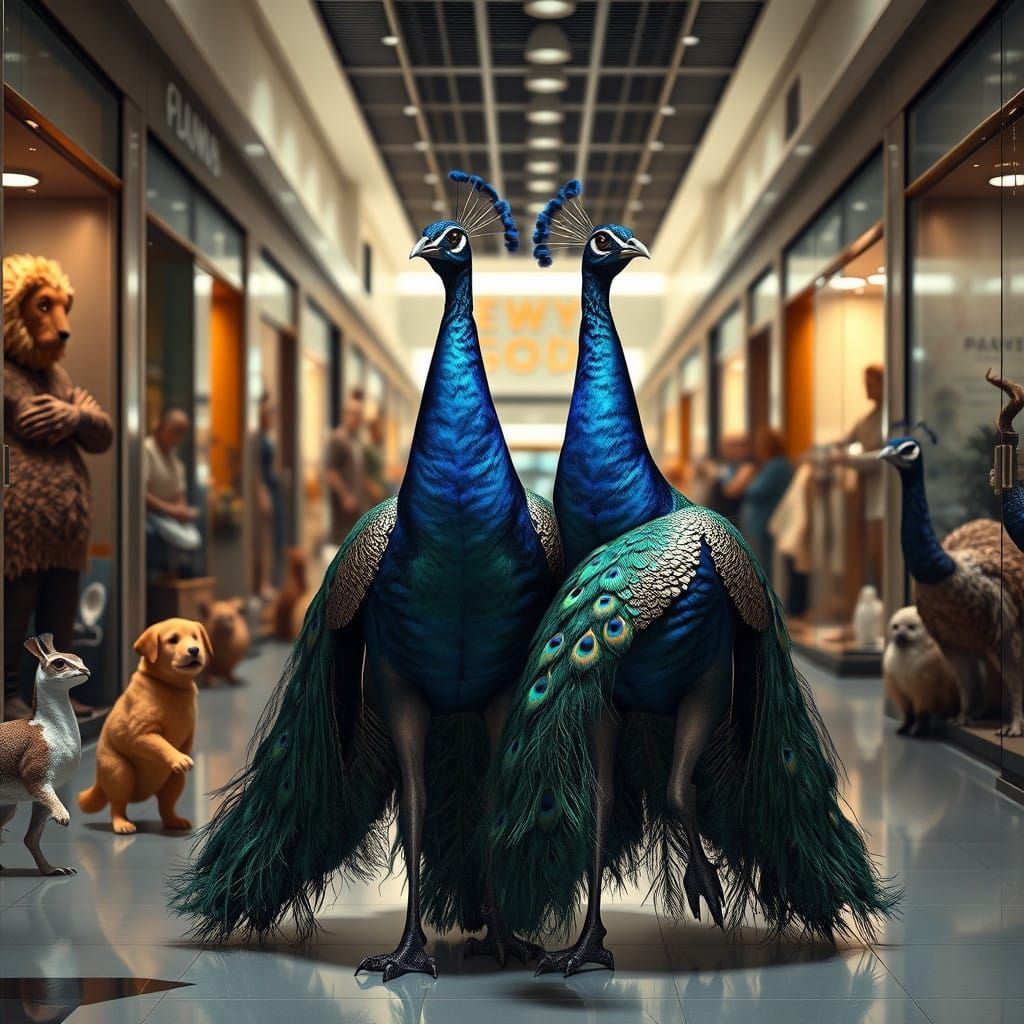 Regal Peacock Women Stride through Vibrant Mall Scene