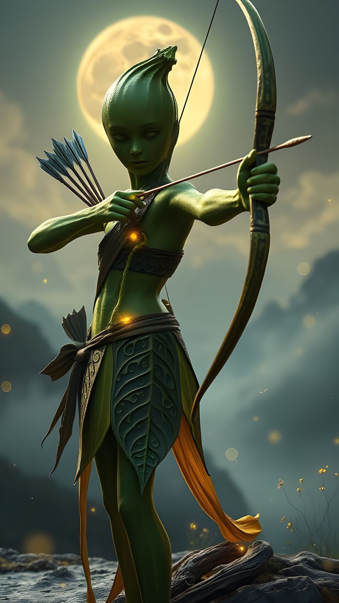 Sleek Humanoid Zucchini Archer in Ethereal Landscape