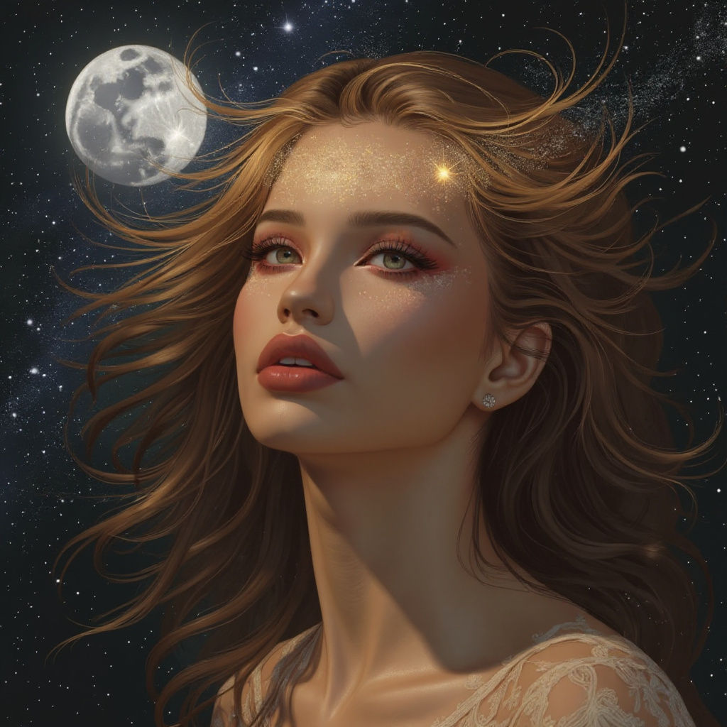 Woman's Face Lit by Stars and Moon