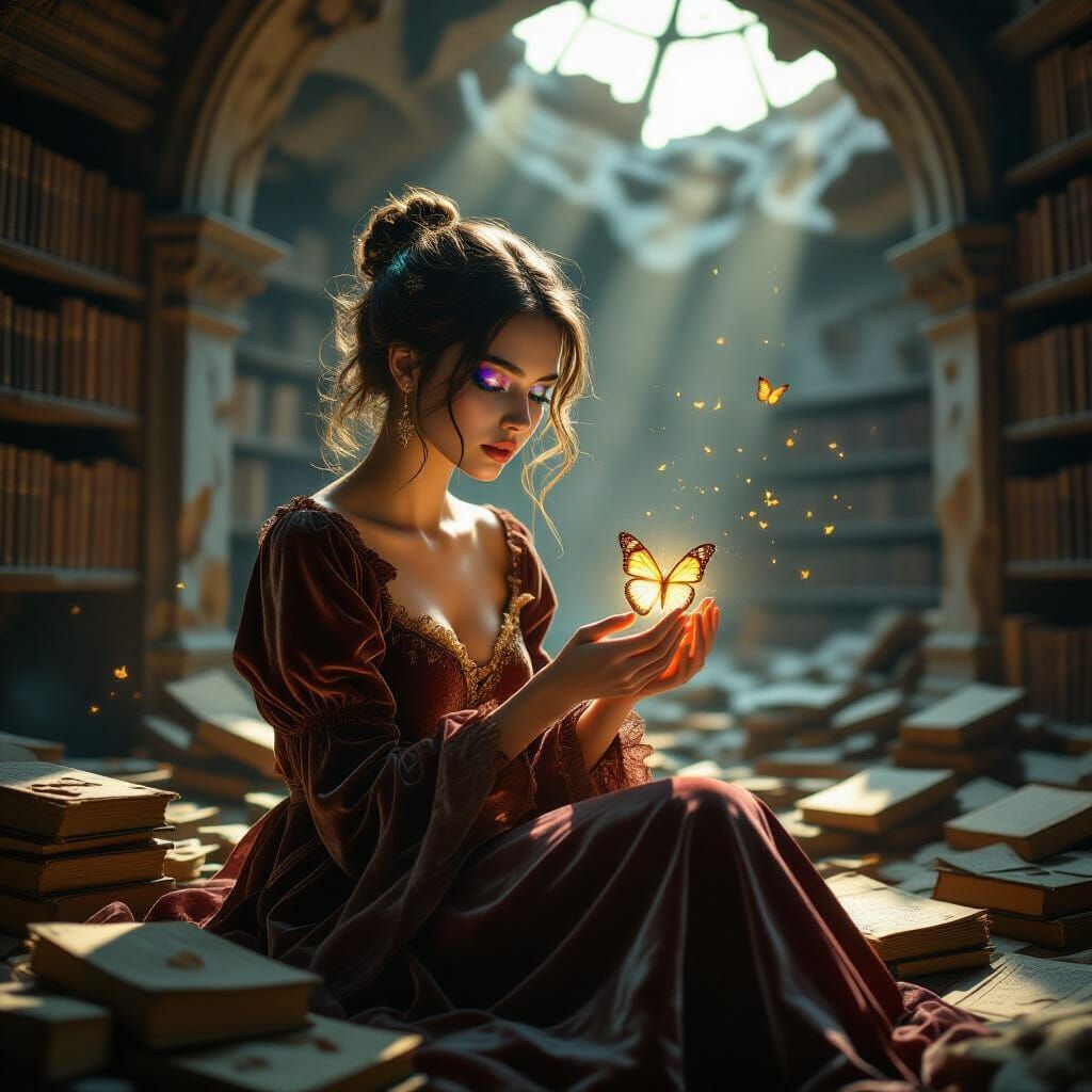 Galaxy-Eyed Woman in Ruined Library