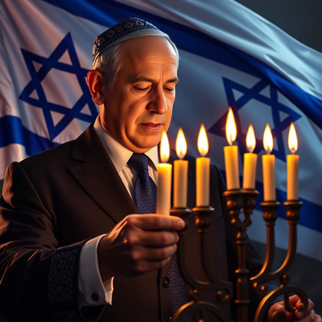 Israeli Leader Ignites Hanukkah Menorah in Traditional Attir...