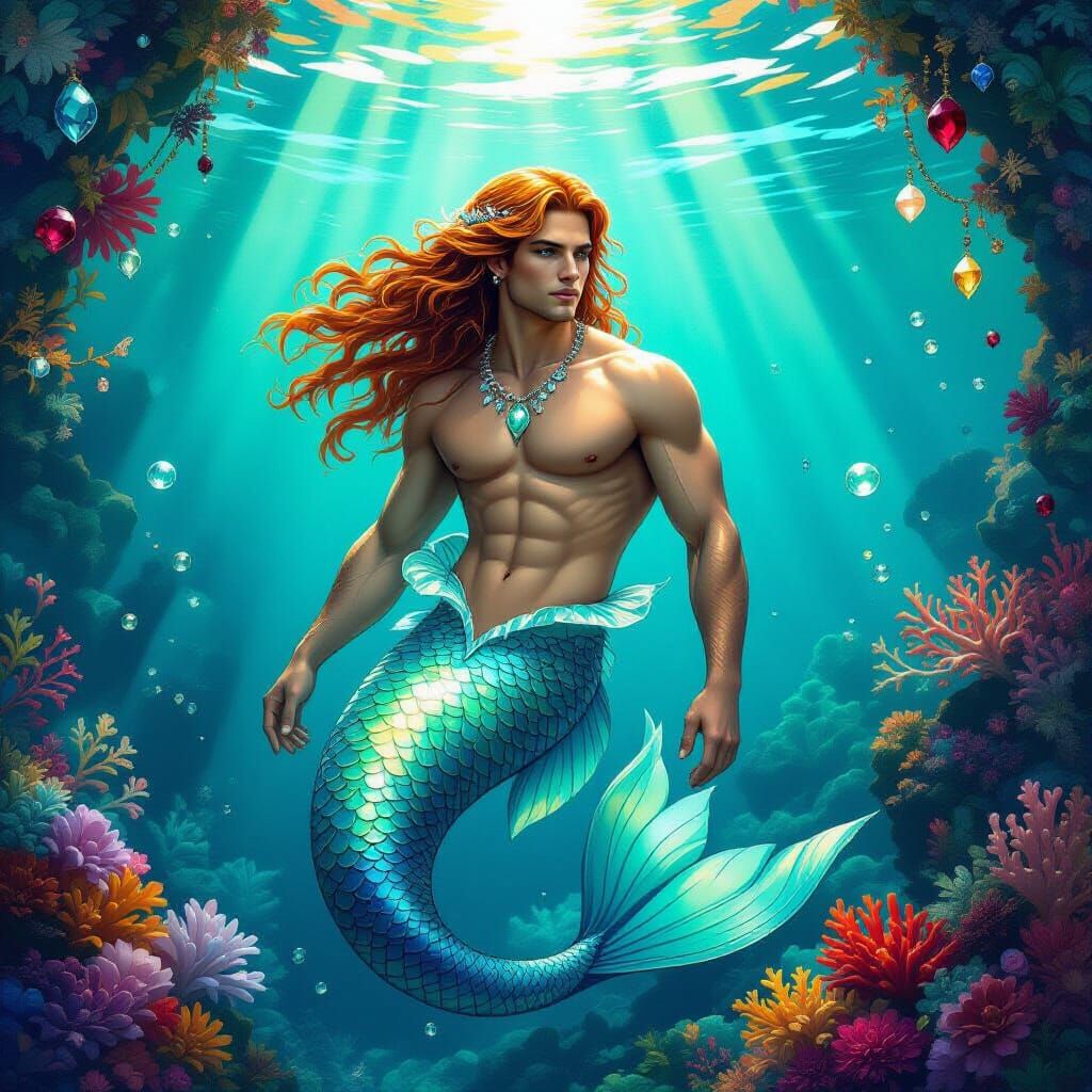 Merman in Gemstone Garden, Art Nouveau Fantasy Style