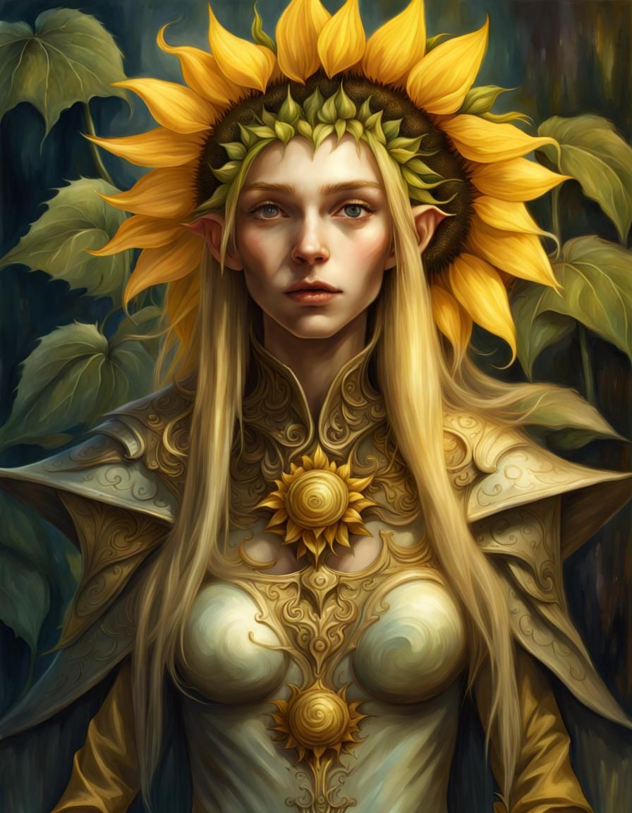 Hyper-Realistic Sunflower Elf Concept Art in 8k