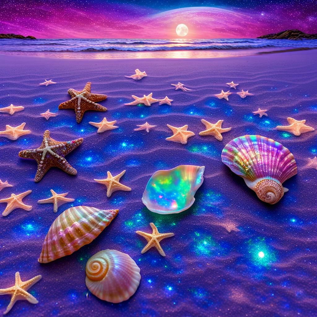 Iridescent Seashells and Pirate Treasure on Moonlit Beach
