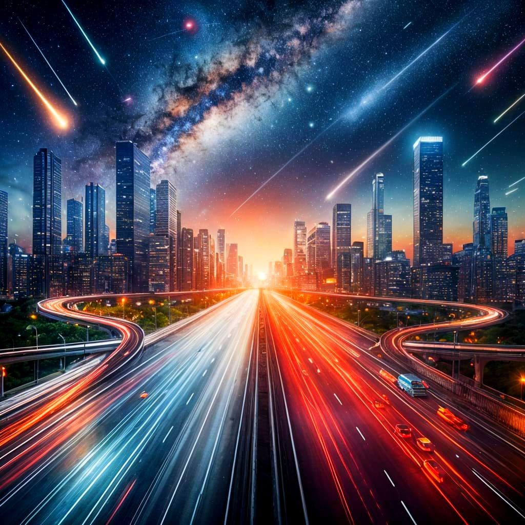Futuristic Cityscape with Meteor Shower and Galaxy