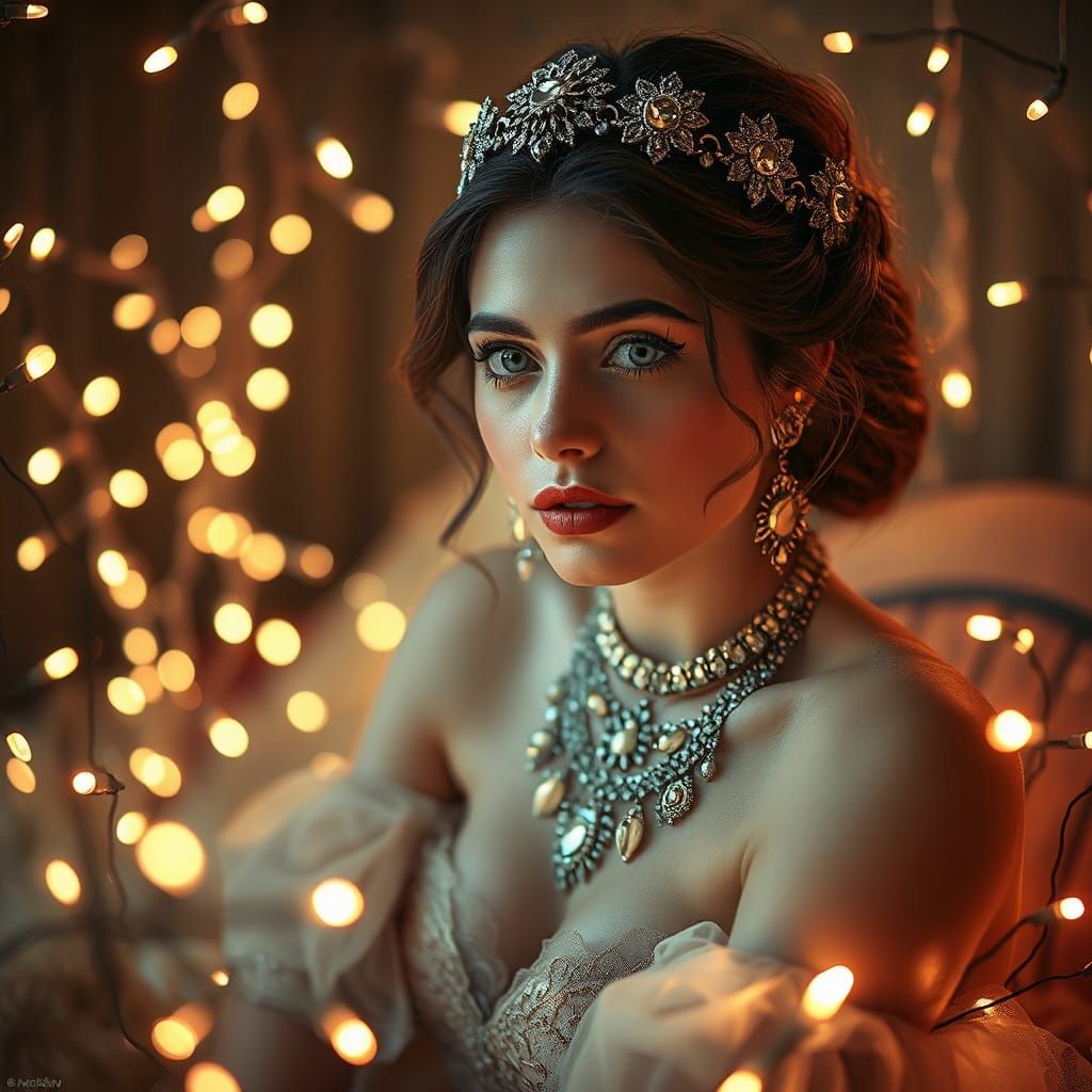 Woman in Jewelry Nouveau with Fairy Lights