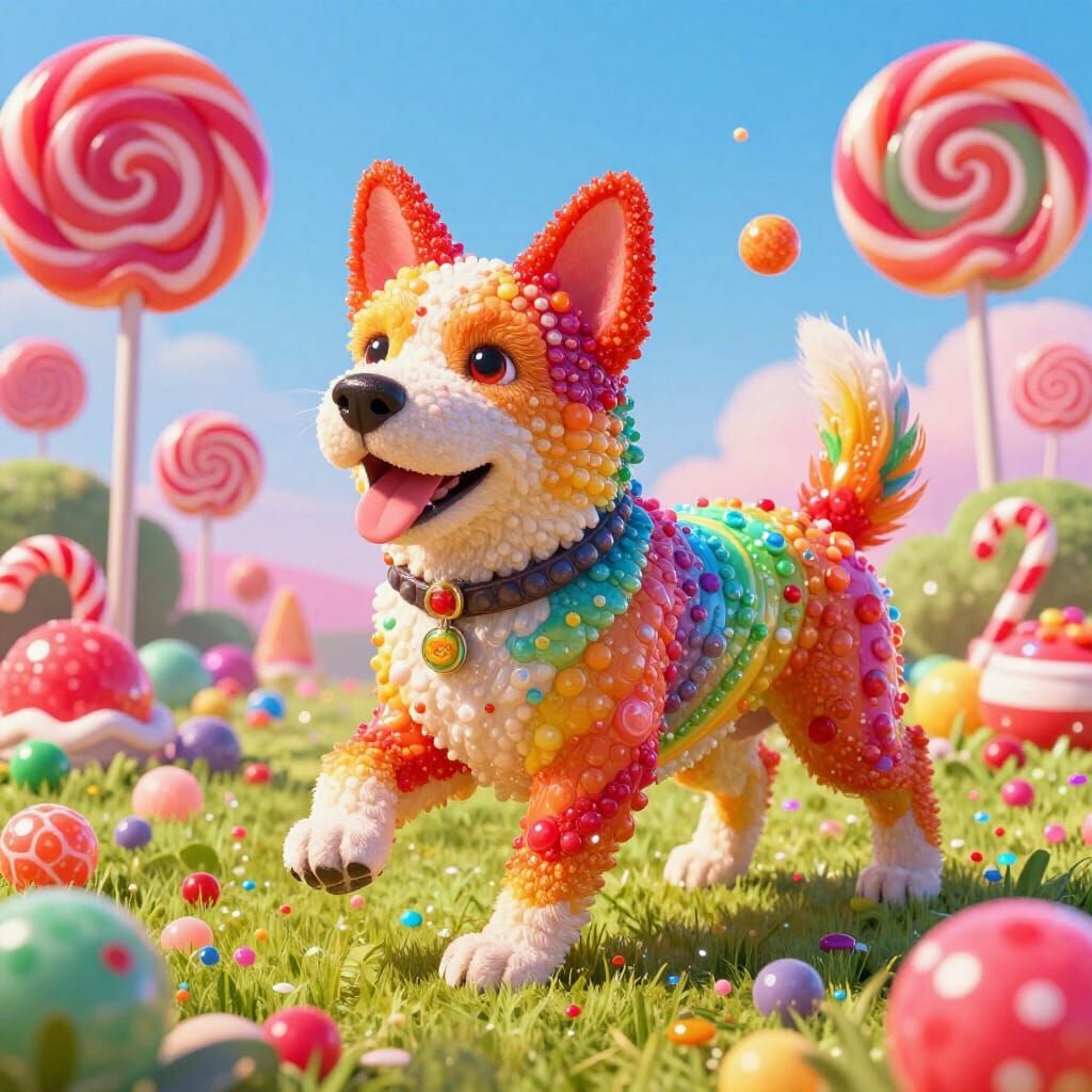 Rainbow Candy Dog Frolicking in Candyland