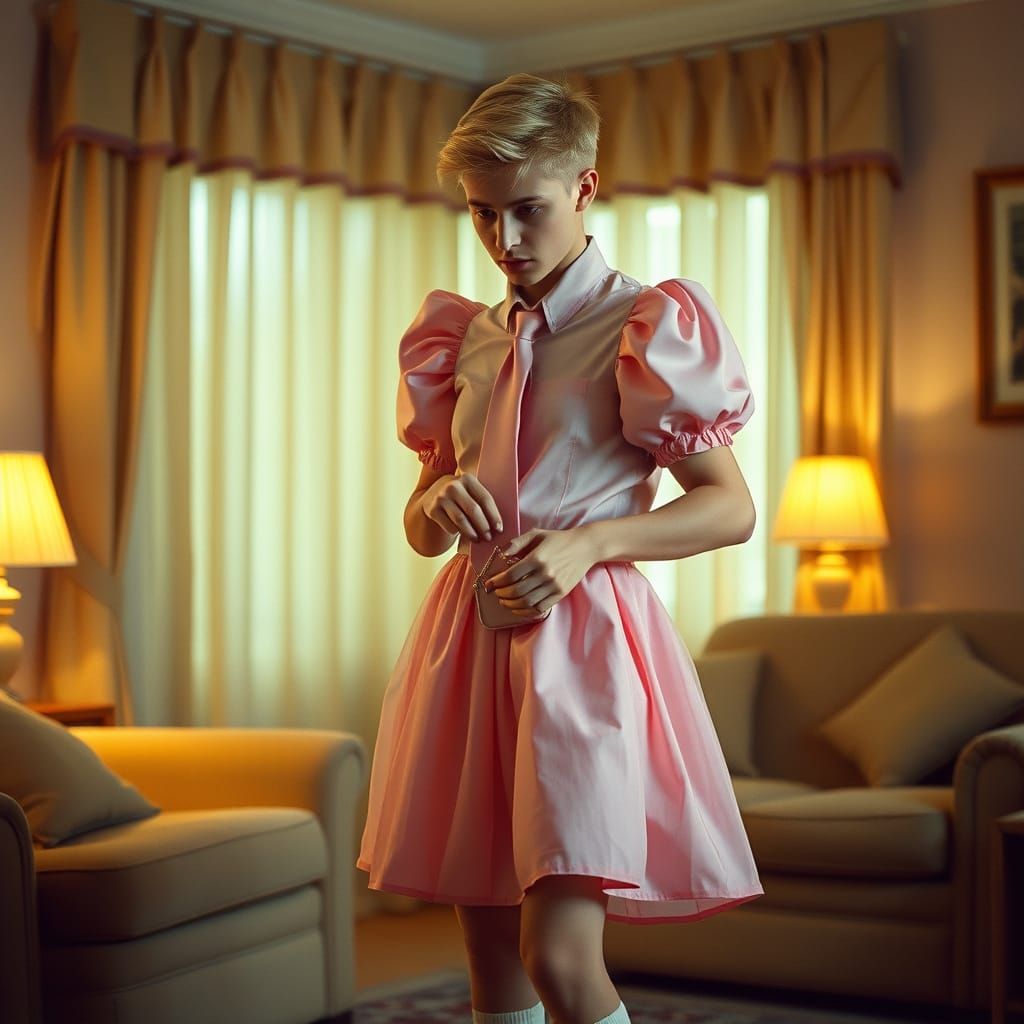 Young Man Surprised in Feminine Attire, Soft Pastel Hues