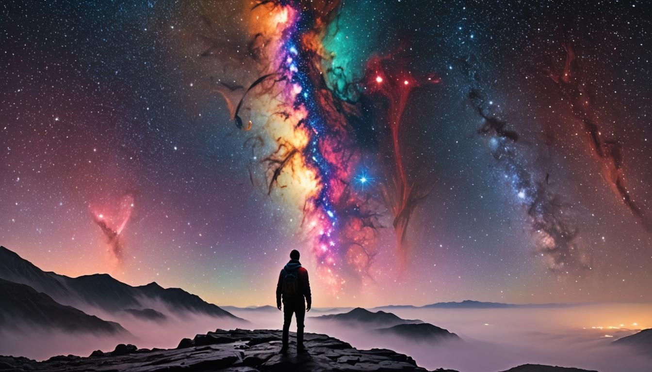 Cosmic Waterfall: A Lone Figure's Infinite View