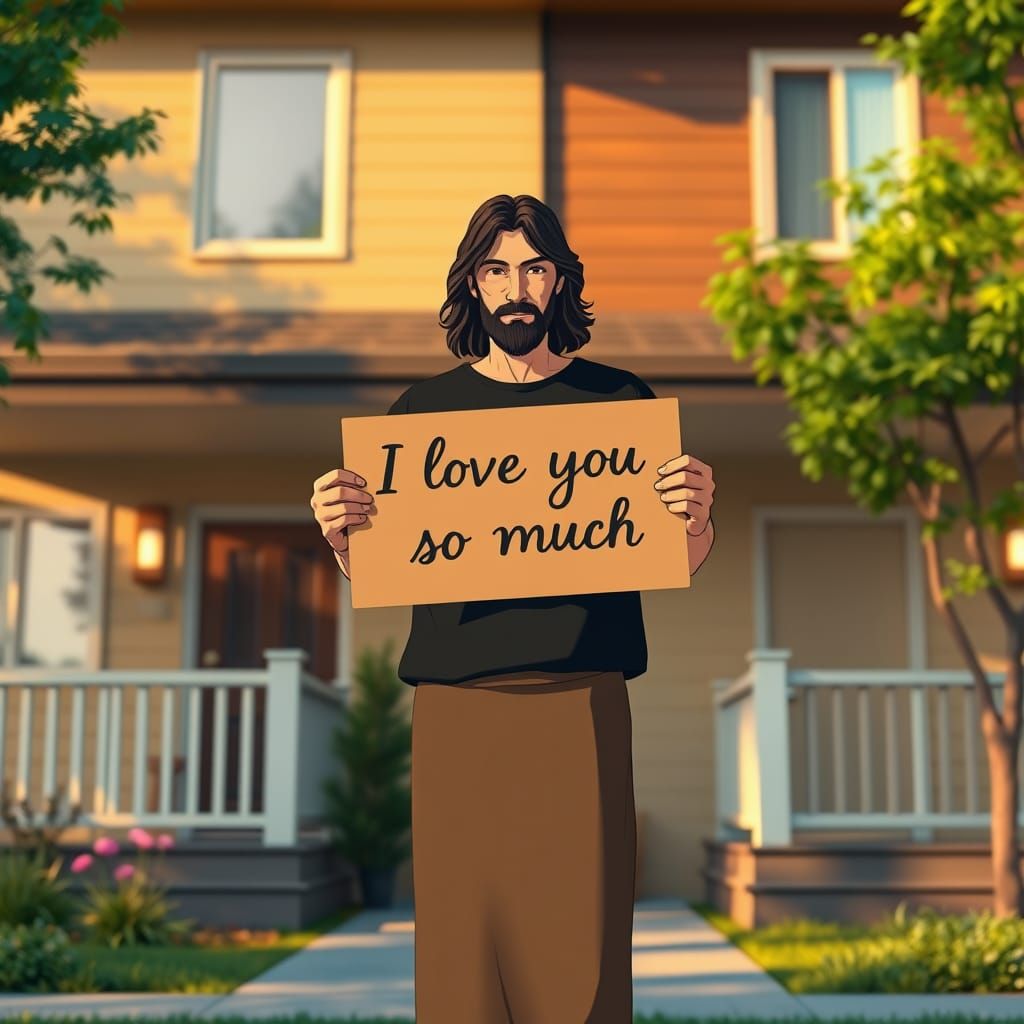 Jesus in Whimsical Modern Duplex, Radiating Kindness and Lov...