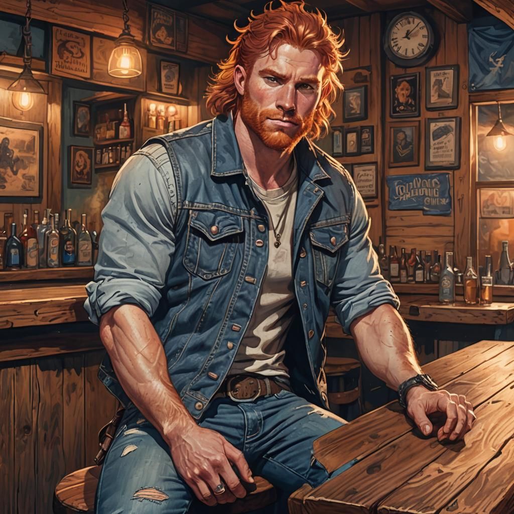 Detailed Concept Art: Red-Haired Man at Bar
