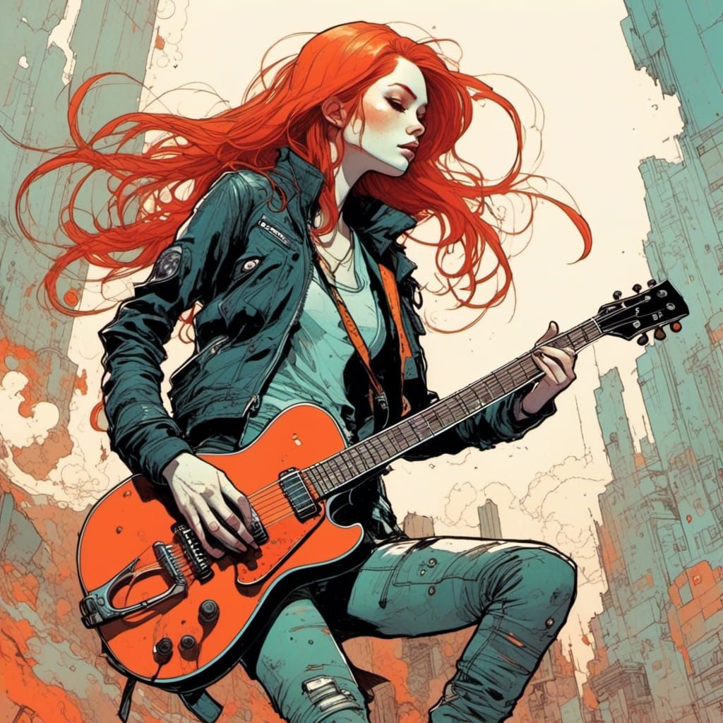 Cyberpunk Redhead Guitarist in Grease Pencil Style
