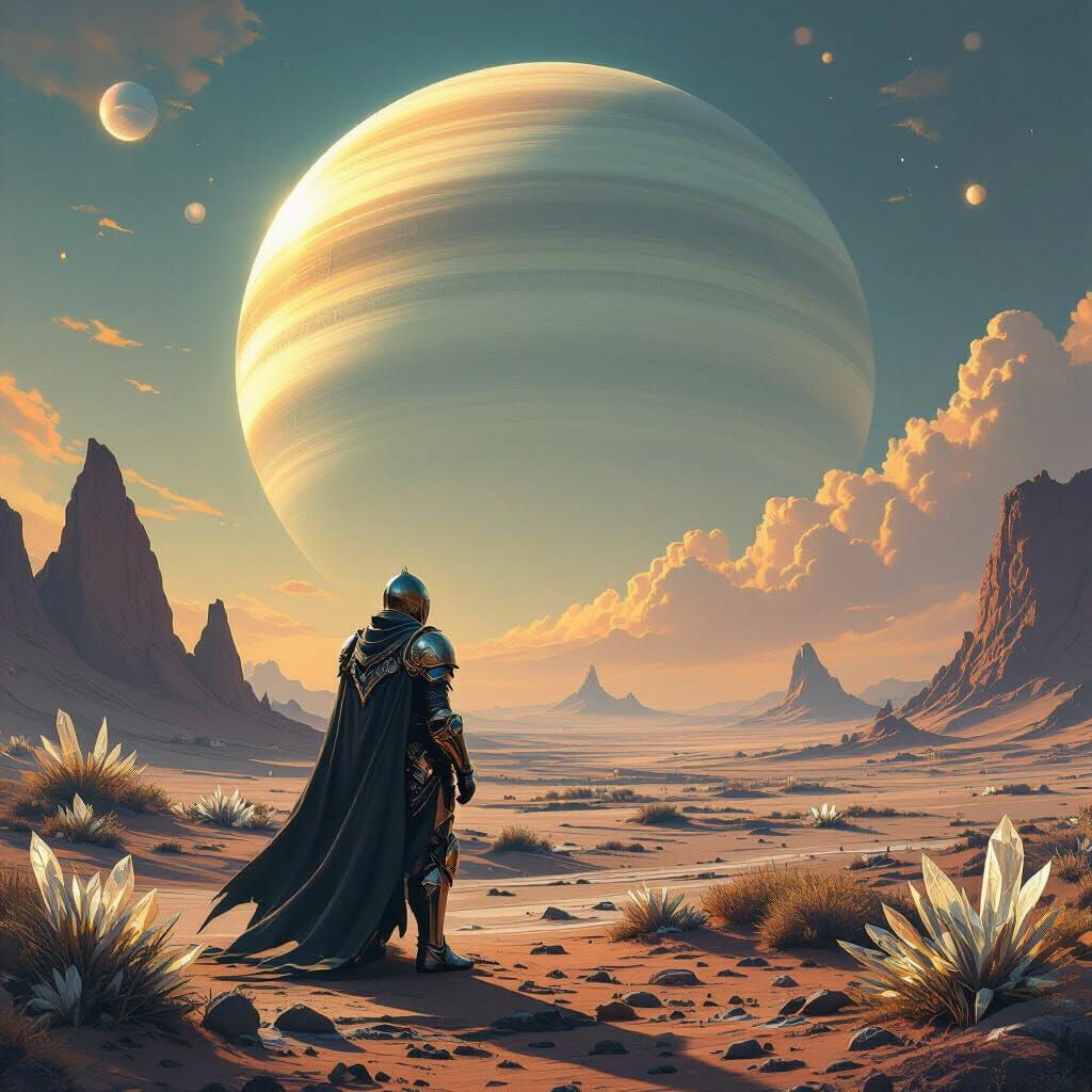 Futuristic Knight on Alien World Gazes at Ringed Planet