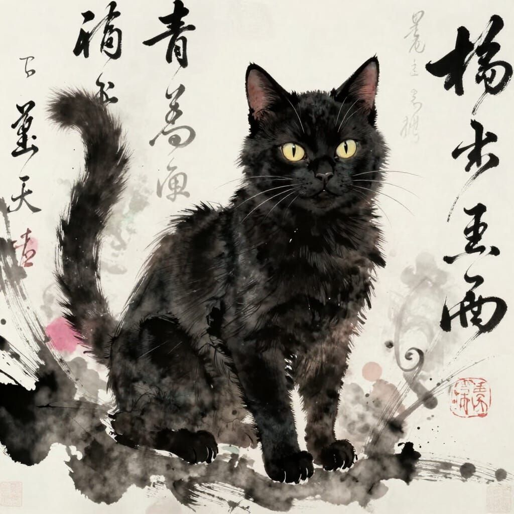 Majestic Black Cat in Chinese Watercolor Style