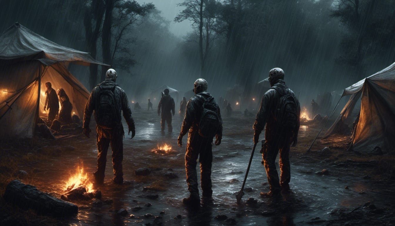 Hyperrealistic Jason Voorhees in Rainy Campground