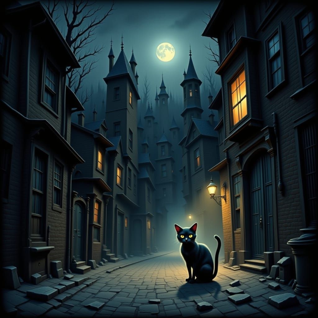 Moonlit Alley Cat in a Cityscape