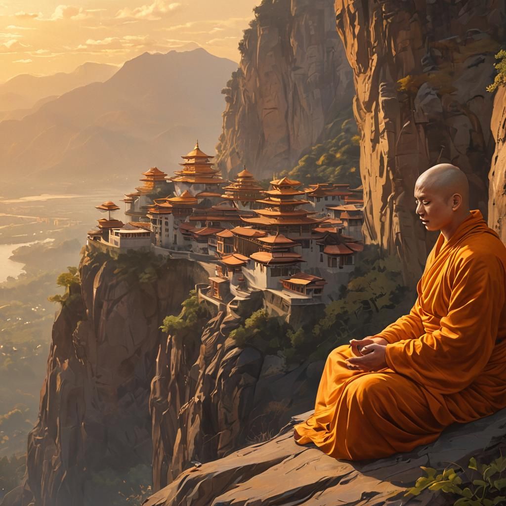Zen Monk Meditating on Mountain Cliff