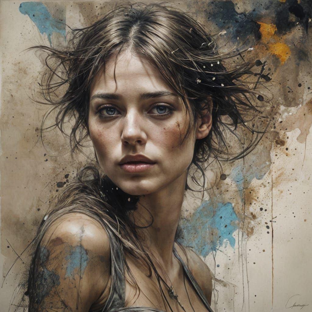 Beautiful Woman Portrait in Ink Splatter Grunge Style