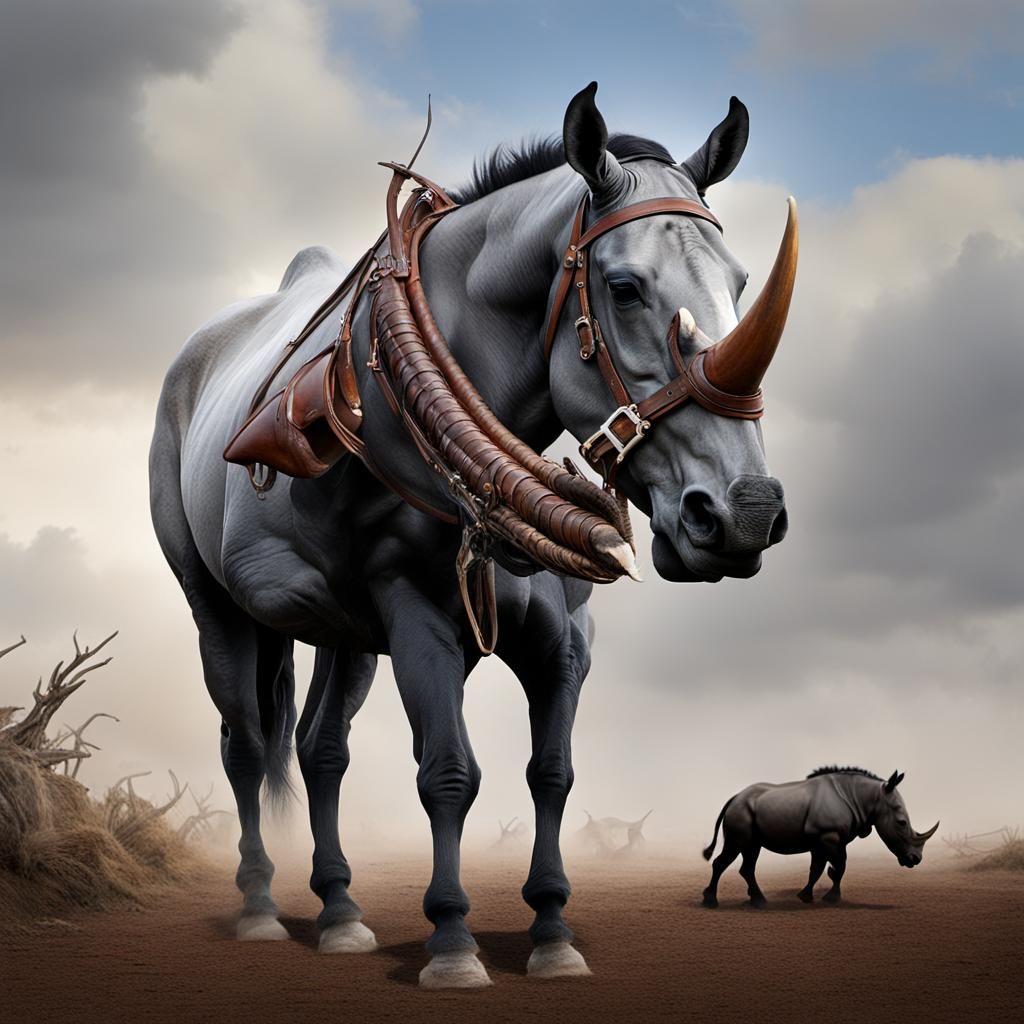 Rhinoceros Horned Horse in a Wild Field