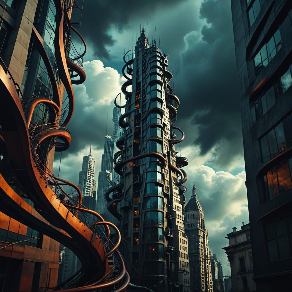 Surreal Cityscape with Impossible Loops in Dali Style