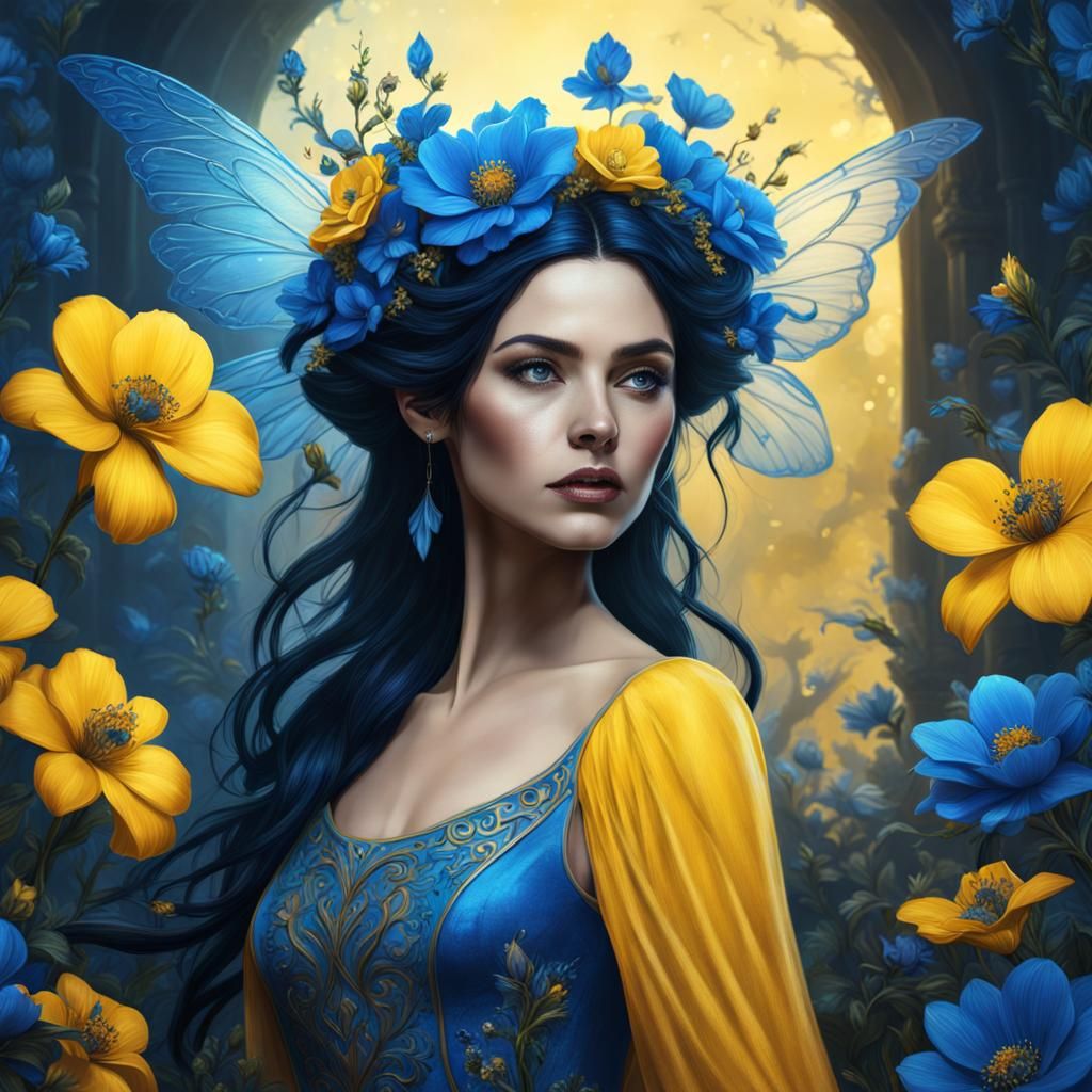 Blue Fairy with Yellow Dress Fantasy Concept Art
