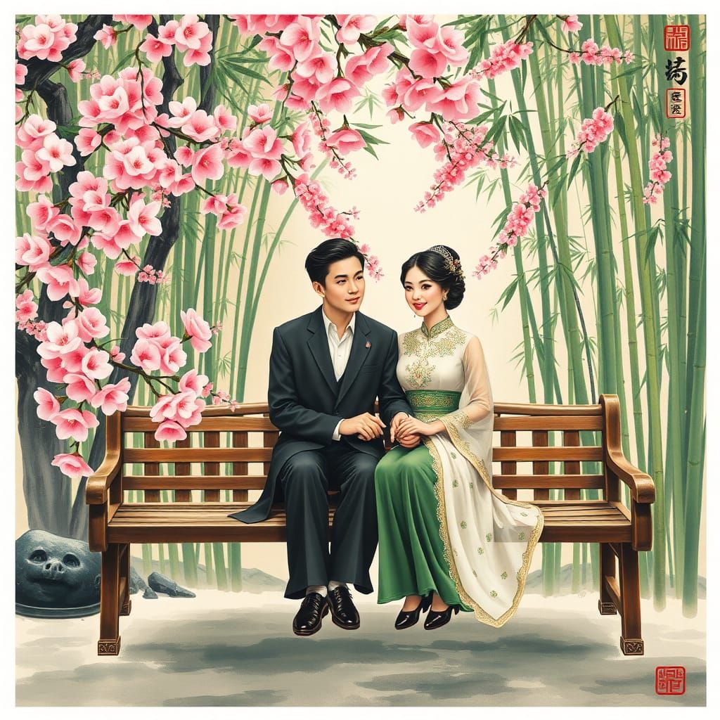 Asian Couple in Qing Dynasty Garden Oil Painting