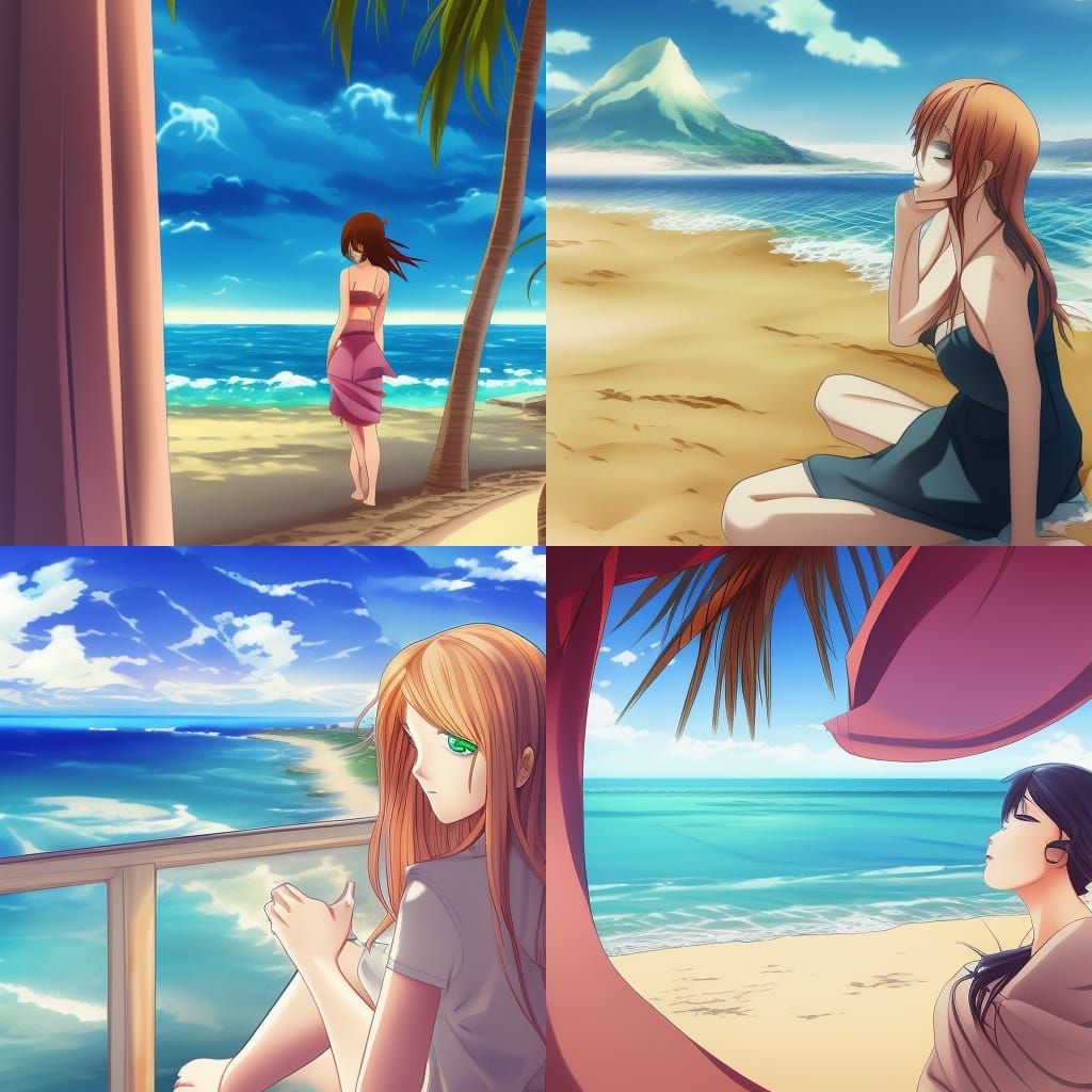 Woman Gazing at Ocean in Anime Style