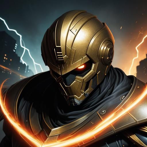 Gold Helmeted Head in High-Tech Comic Book Art