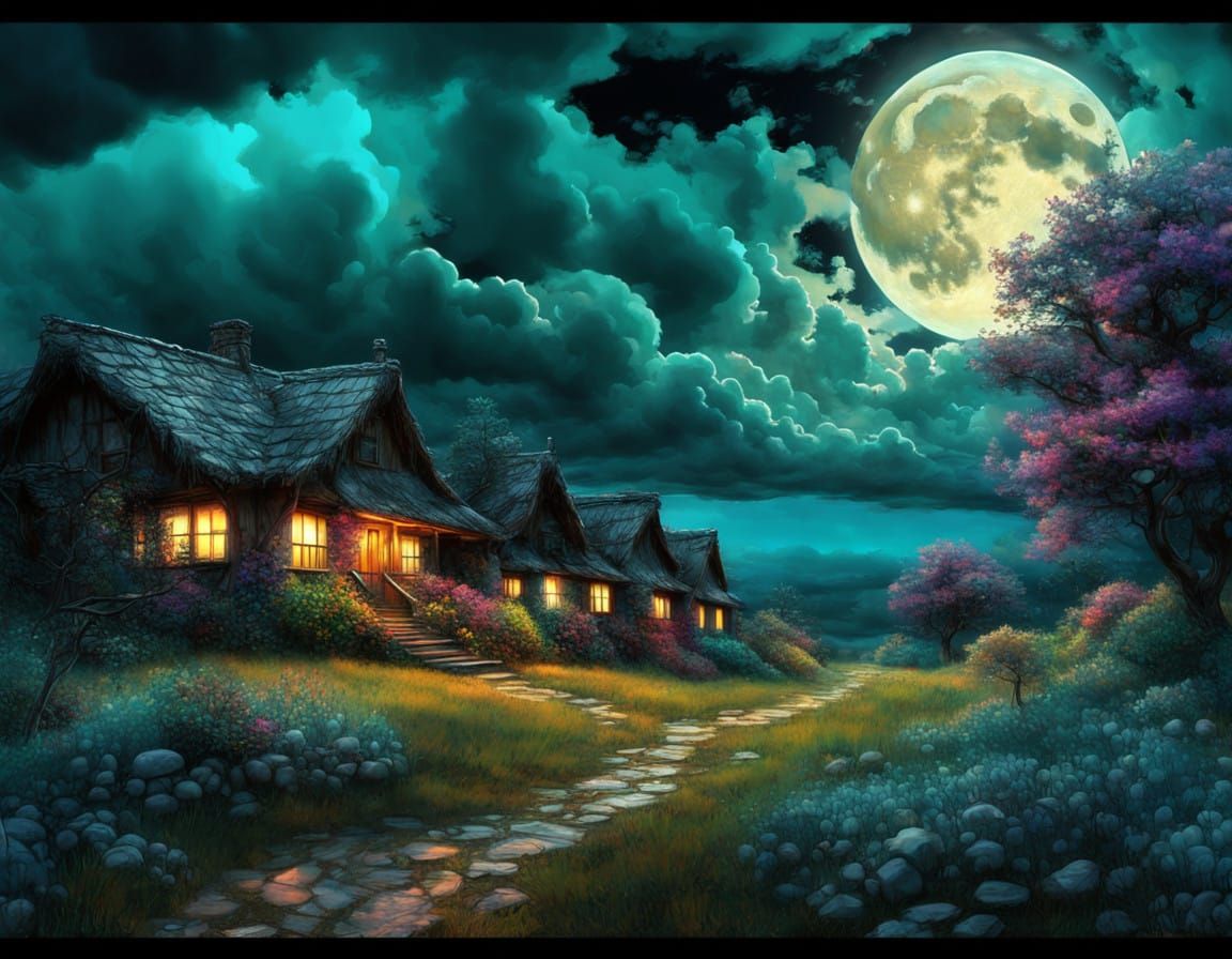 Landscape ,cottage, full moon,