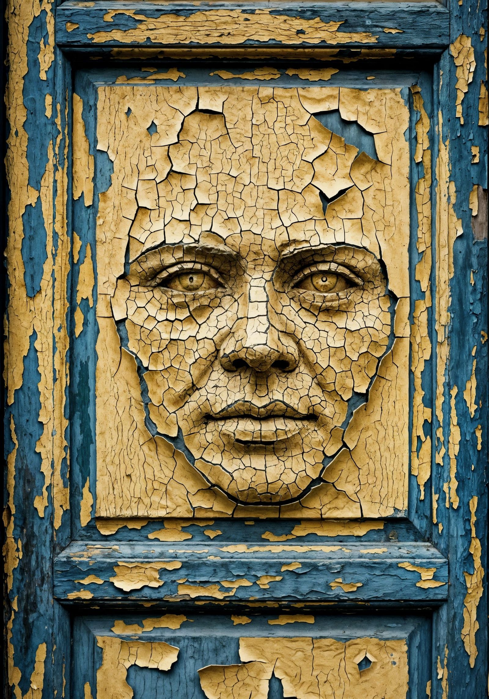 Weathered Door with Face in Cracked Paint, Realistic Photo