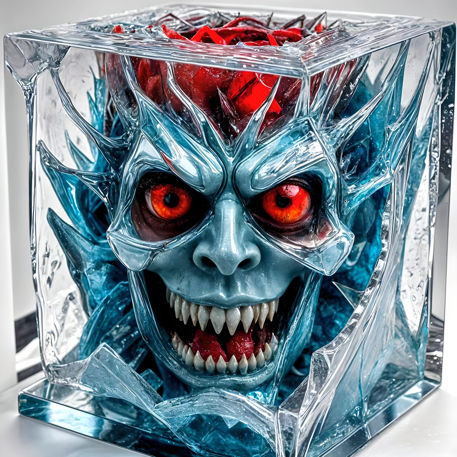 Frozen Devil Inside Glass Cube