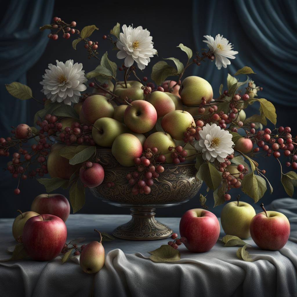 Floral Still Life with Apples and Pears