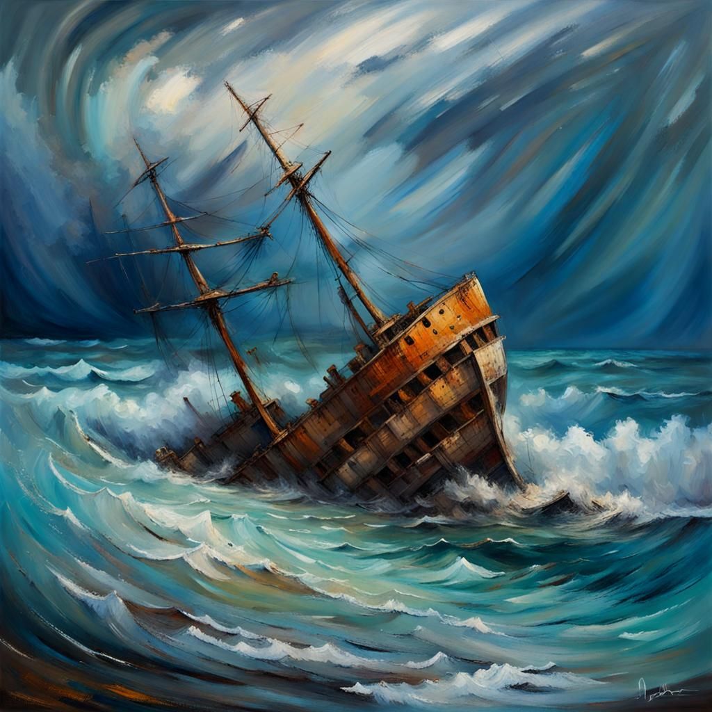 Stormy Ocean Shipwreck in Impressionist Style