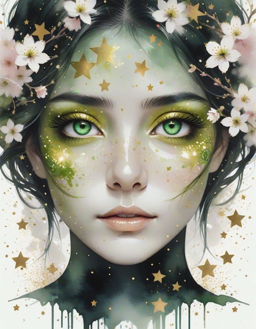 Emerald Eyes with Stars and Cherry Blossoms