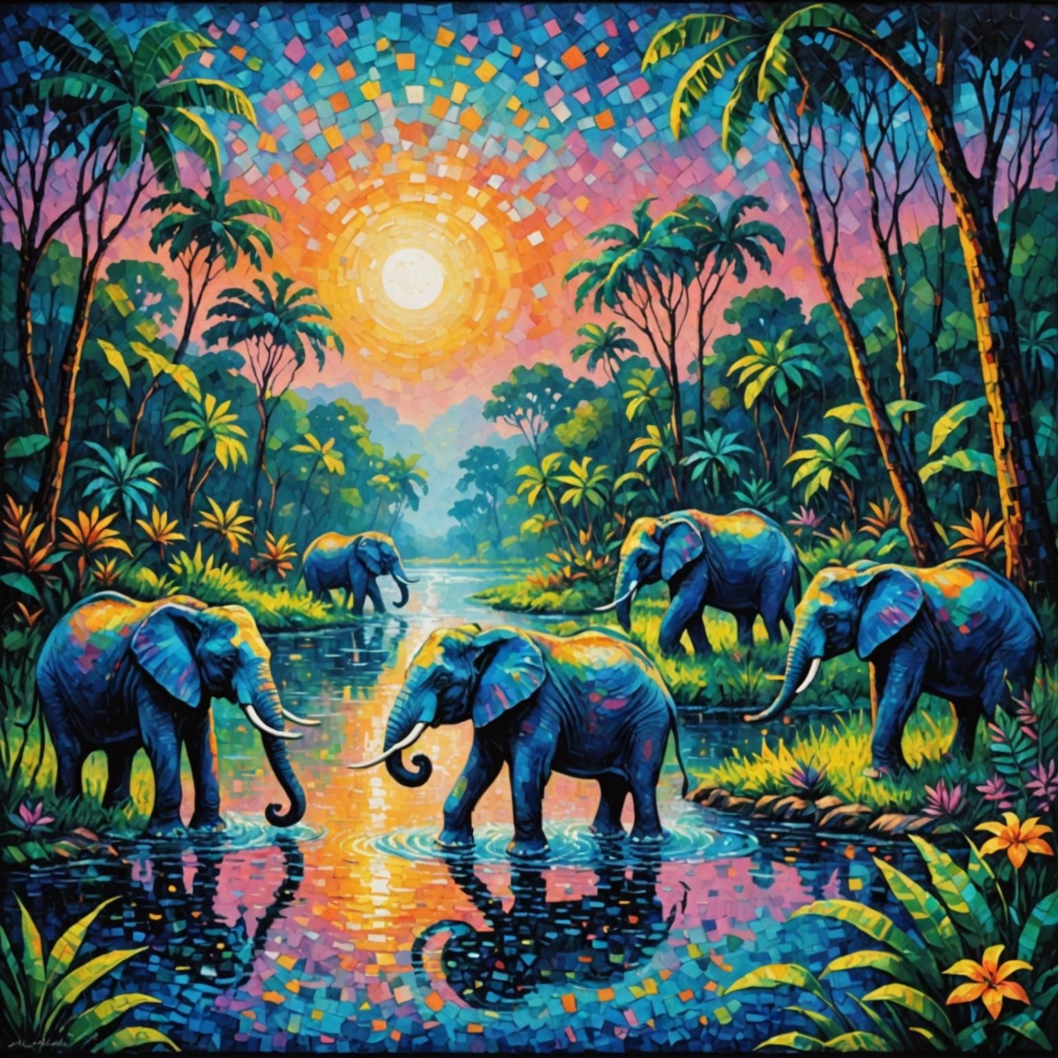 Elephants Bathing: Pointillist Tropical River Scene