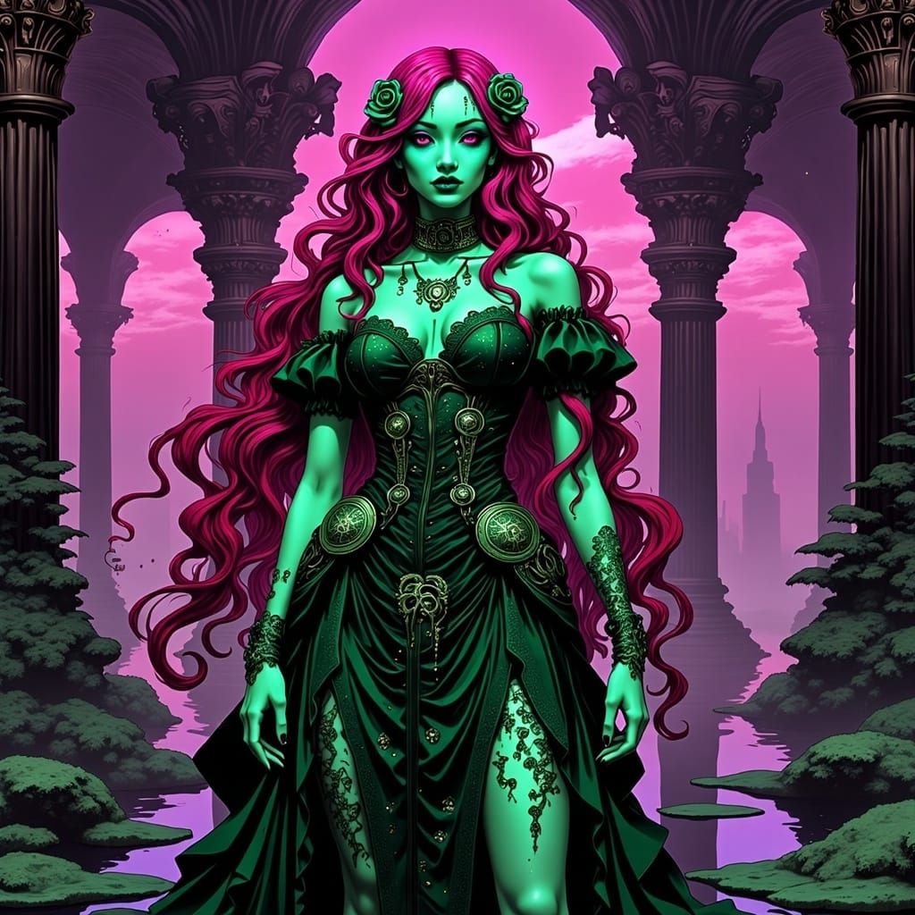 Gothic Maiden in Emerald Green Gown, Long Magenta Hair and P...