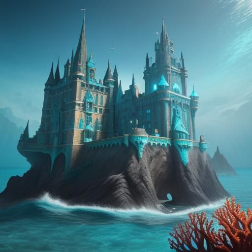 Underwater Castle with Mermaid in Turquoise and Orange