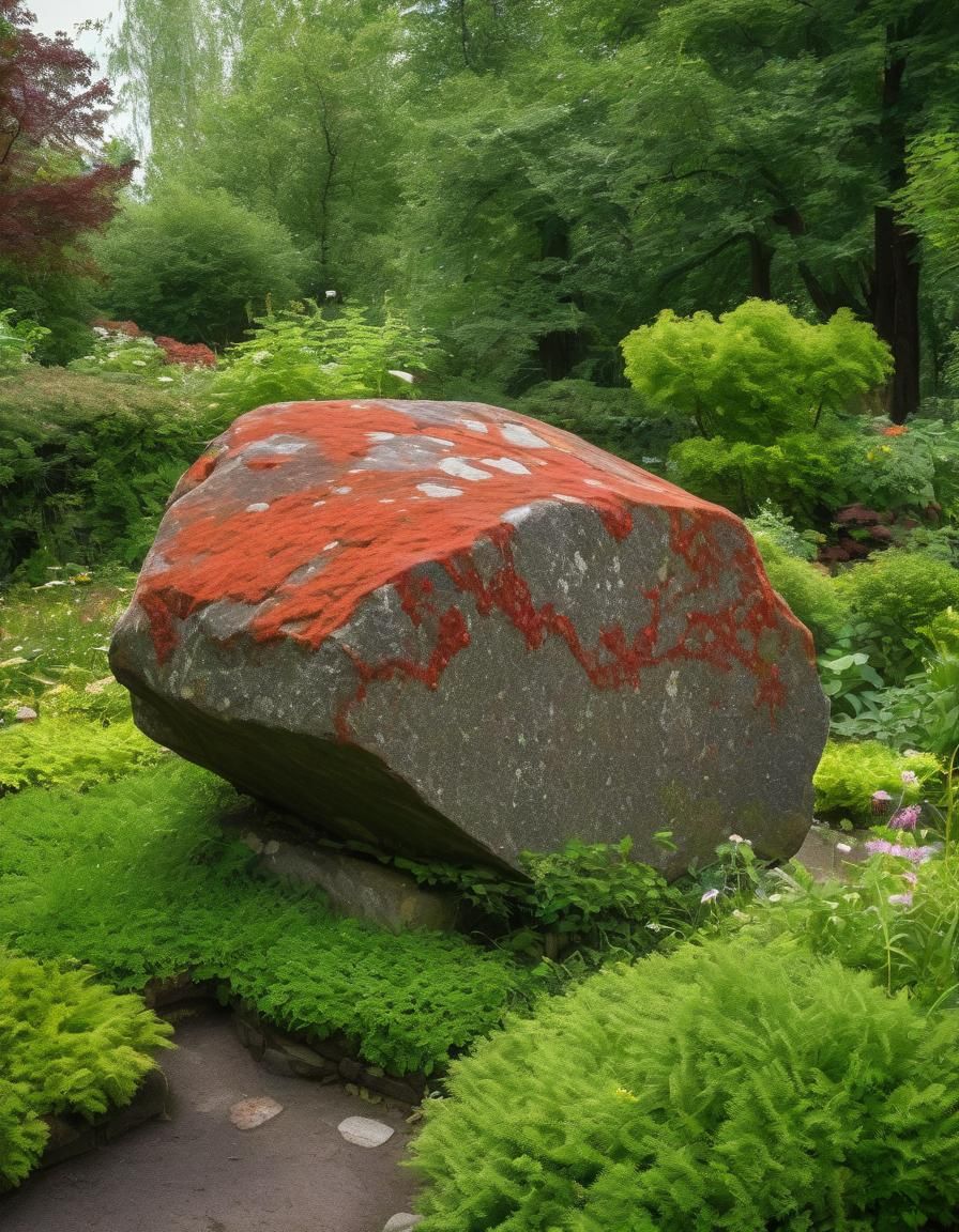 Red Mossy Granite Stone in Garden Setting