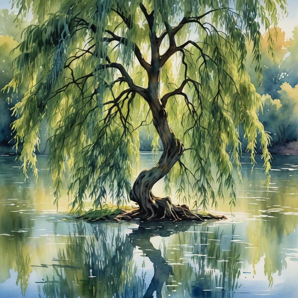 Weeping Willow by Lake, Watercolor Style